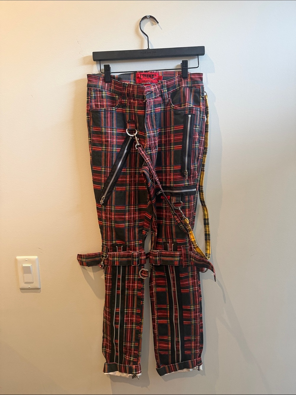 Tripp NYC Red and Black Plaid Skinny Jeans with Straps